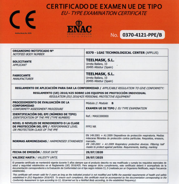 Certificado MAscarilla FFP2